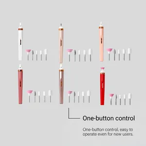 Close-up of six colored electric nail drills with interchangeable grinding heads