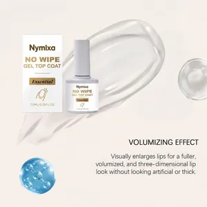 Λεπτομέρεια Nymixa No-Wipe Gel Top Coat με φιάλη, συσκευασία και δείγμα υφής γέλης