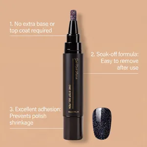 Gros plan d'un stylo vernis gel pailleté avec trois avantages produits clés