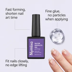Macro view of transparent water droplets gel on fingernails for 3D nail art design