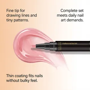 Macro detail of a professional nail gel polish pen showing fine tip brush and pink gel.
