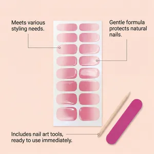 Vista detallada de pegatinas de gel rosa degradado con palito de madera y lima de uñas