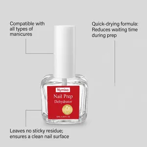 Nymixa nail prep dehydrator bottle shown with professional quick-drying formula features
