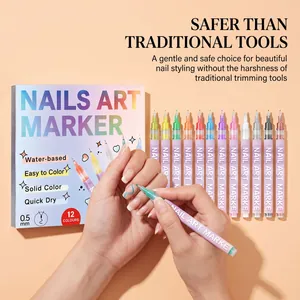 Detailed macro shot of 12-color nail art markers with hands showing DIY styling.