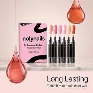 Close-up of 6-color UV LED nail gel polish pens set with pink gift box for DIY art