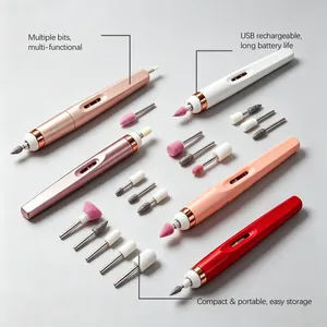 Close-up showing various colors and interchangeable bits of the electric nail drill