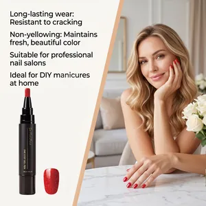 Vue détaillée d'un stylo de vernis à ongles gel pailleté rouge avec photo de mannequin