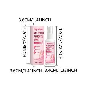 Nymixa Nagellackentferner-Spray 50ml Flasche und Box mit Maßen in cm und Zoll