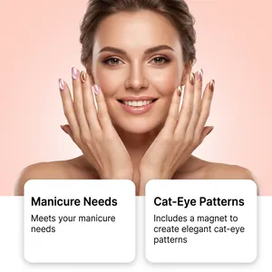 Model showcasing elegant shimmering cat-eye nail art patterns from the gel pen kit.