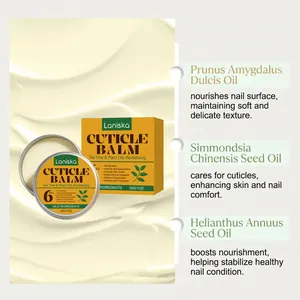 Detail showing natural oil ingredients like Almond and Jojoba oil in Laniska Cuticle Balm.