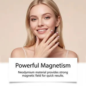 Model showcasing cat eye manicure with dual-head nail magnet tool details