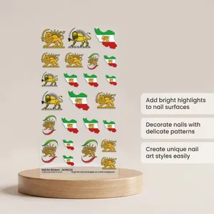Detailed view of nail stickers featuring golden lion and sun emblems on wooden stand