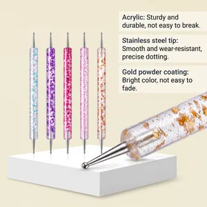 5pcs double-ended nail dotting tools with glitter acrylic handles and steel tips.
