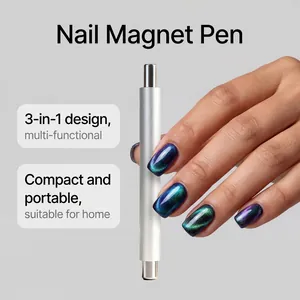 Close-up of 3-in-1 cat-eye nail magnet pen with galaxy effect manicured nails