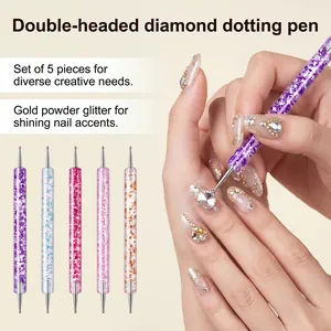 Close-up view of 5pcs double-headed nail dotting pen set featuring colorful glitter barrels