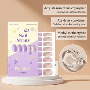 Detail showing soft gel ingredients and purple floral nail sticker patterns