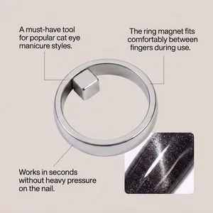 Macro view of silver ring magnet for cat eye nail art tool with finished manicure effect