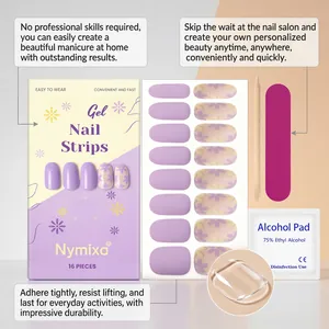 Complete Nymixa soft gel nail strip kit with 16 pieces, file, stick, and alcohol pad