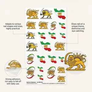 Close-up detail view of 24 piece nail art stickers with golden lion and sun emblems