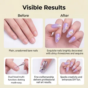 Close-up of dual-head nail dotting tool creating floral designs on purple nails