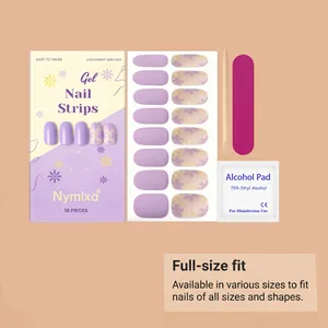 Full gel nail strip kit set with purple floral patterns and manicure tools.