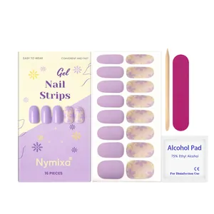 Nymixa Soft Gel Nail Sticker Set Purple Lavender Floral Daisy Design 3D Glossy DIY Manicure Kit With File Wood Stick Pad