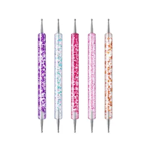 Set of 5 dual-ended nail art dotting tools with colorful glitter acrylic handles