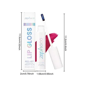 Detail view showing dimensions of bright plum peel-off lip gloss with 4ml net weight.