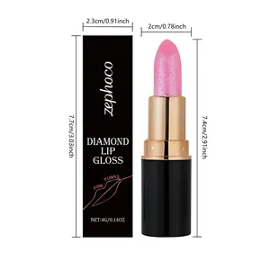 Detailed dimensions of Zephoco pink purple diamond lip gloss with glitter finish.