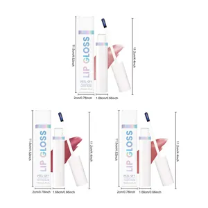 Gedetailleerde afmetingen van peel-off lipgloss sets in rozetinten, 4 ml per tube.