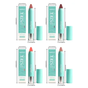 Dimensiones detalladas de cuatro tonos de labial Zephoco con cajas verde azulado