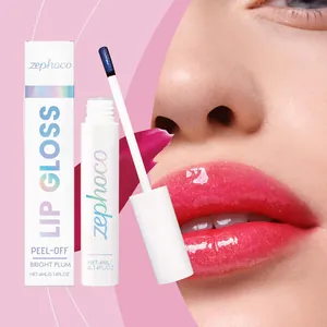 Close-up detail of Zephoco bright plum peel-off lip gloss with model application