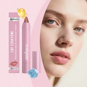 Close-up of nude pink velvet lip crayon with matte finish application on model.