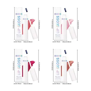 Afmetingen voor vier tinten peel-off lipgloss met bijbehorende doosjes en kwastje.