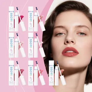 Professionele peel-off lipgloss collectie met zeven levendige tinten en modelpresentatie