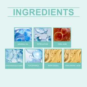 Lista detallada de ingredientes para barra de labios mate hidratante con ácido hialurónico.