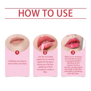 Three-step tutorial for applying plum red peel-off lip stain with clear English text