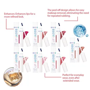 Collectie van zeven peel-off lipgloss tinten met kwastjes en kleurmonsters