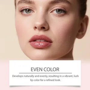 Primo piano di labbra rosa lucide che mostrano uno sviluppo del colore naturale e uniforme.