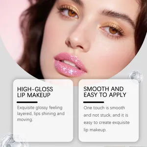 Close-up showing the glittery pink lip gloss finish on a model's lips