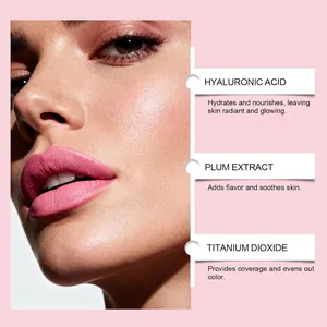 Macro view of matte pink velvet lipstick with skin-nourishing ingredient callouts