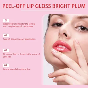Long-lasting waterproof peel-off lip gloss in bright plum with easy tear-off design.