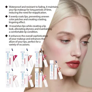 Overzicht van peel-off lipgloss voordelen en model showcase voor duurzame make-up