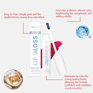 Detailed presentation of Zephoco peel-off lip gloss in bright plum with packaging