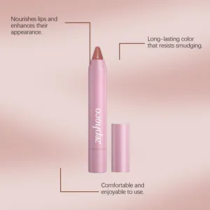 Close-up of Zephoco nude pink velvet lip crayon highlighting long-lasting matte finish.
