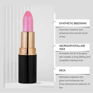 Detail of shimmering pink lipstick highlighting synthetic beeswax and mica ingredients