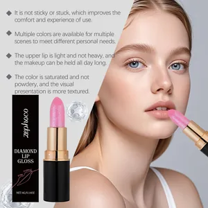 Close-up of glitter diamond lip gloss applied to lips with text features