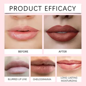 Lip glaze product efficacy showing before and after matte red application results