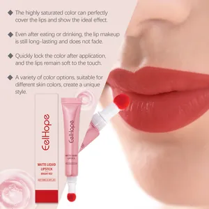 Close-up of bright red matte liquid lipstick applied to lips with product packaging