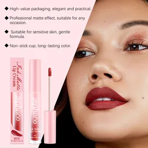 Detail showing ZEPHOCO red matte lip cream packaging alongside a model's makeup swatch